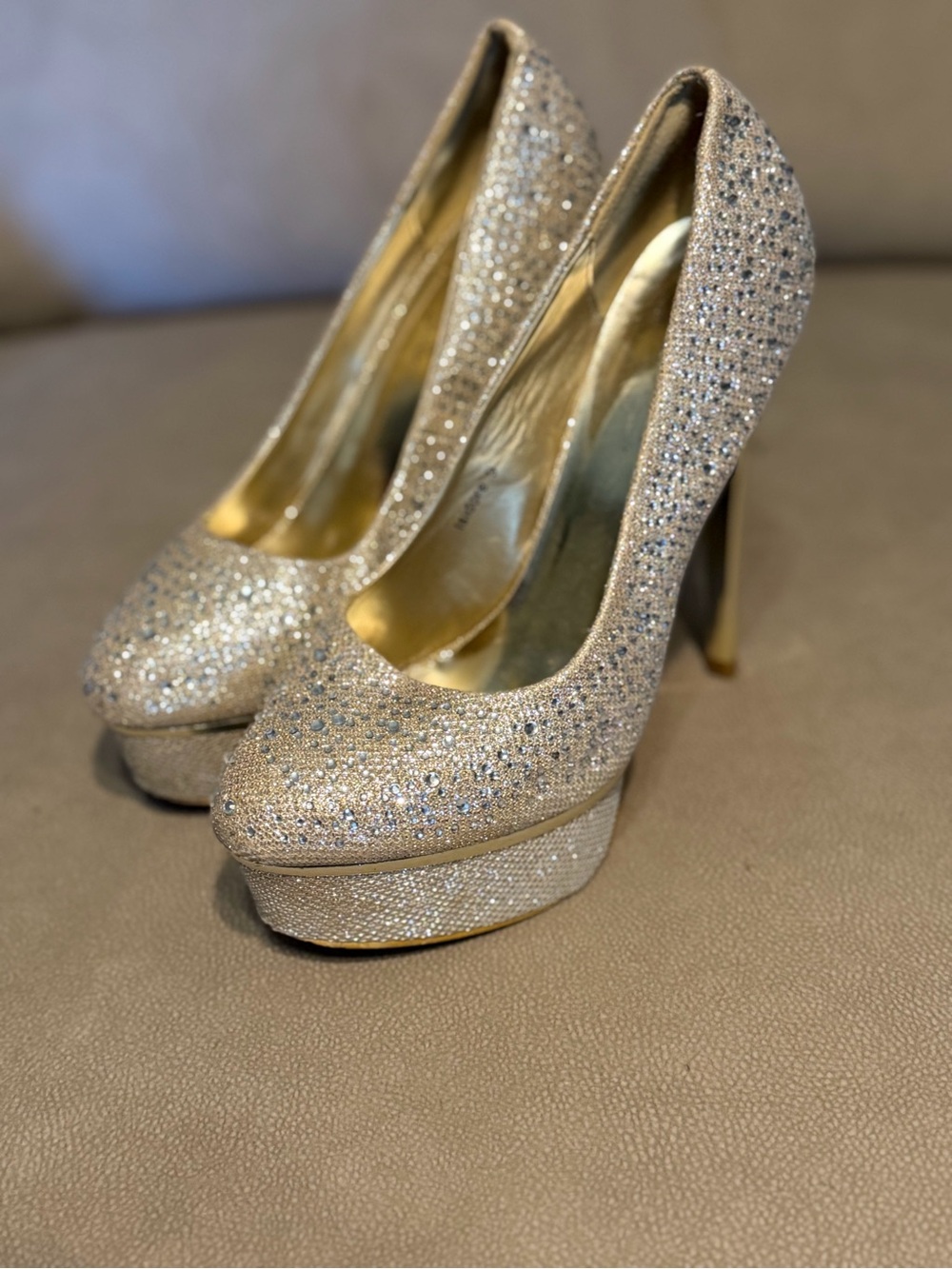 Herstyle Glitter Platform Stilettos in Gold